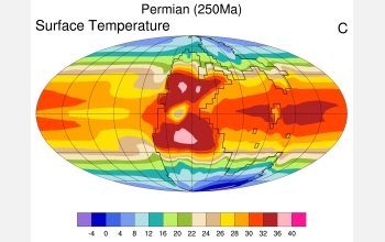 The CCSM image shows temperatures in degrees Celsius at the time of the Permian extinction.