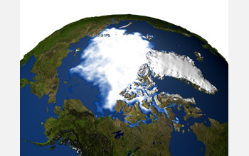 Satellite image from north pole showing Arctic sea-ice, ice covered Greenland, and adjacent areas.
