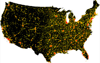 Urbanization map of the U.S., derived from city lights data; urban is red, peri-urban is yellow.