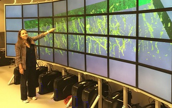 woman standing next to wall of screens.
