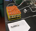 Photo of a laboratory experiment that measures soil respiration.