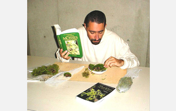 Photo of a Cedar Creek inmate and researcher in the Moss-in-Prisons project studying mosses.