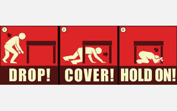 Text and illustrations of a man crawling and crouching beneath table: Drop! Cover! Hold On!