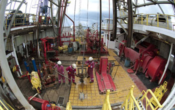 the rig floor of the scientific drilling vessel JOIDES Resolution.