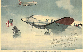 A print of the aircraft <i>Que Sera Sera</i> at the South Pole is autographed by the pilot.
