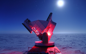 Red lights on South Pole Telescope cast a glow
