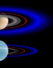 This schematic view shows the outer rings of Saturn (top) and Uranus.