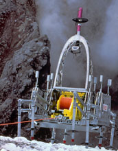 Photo of the legged robot Dante II, which explored and sampled an active volcano.