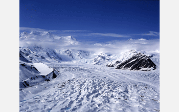 View of Kennicott Glacier, Alaska, looking toward 16,390 foot Mt. Blackburn in its headwaters.