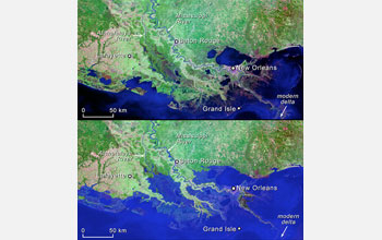 Maps of the Mississippi delta of Louisiana showing areas that will go underwater as sea level rises.