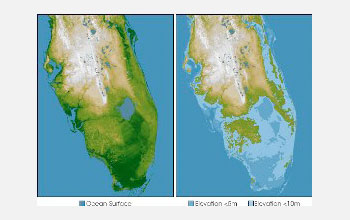 Images of present day Florida on left and what Florida will look like in future with sea level rise.