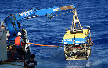 Jason is lifted from the ocean after a dive.