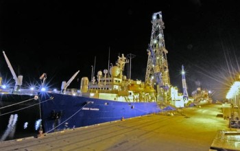 The drillship <i>JOIDES Resolution</i> at the dock in Mobile, Ala.
