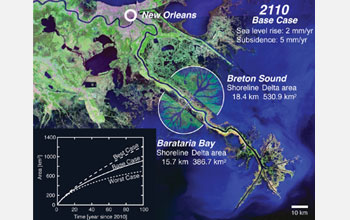 the lower Mississippi River delta below New Orleans, with predictions for new land.