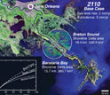 the lower Mississippi River delta below New Orleans, with predictions for new land.