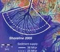 the Wax Lake Delta in 2005, with a hindcast of shoreline position.