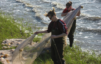 Photo of researchers Tara Duffy and Lora Clarke preparing a net for seining off South Carolina.