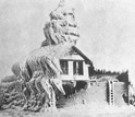 Illustration showing a snow drift covering the roof and side of a house.