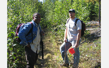 Photo of researchers Johnson Nkem and Jamie Hollingsworth taking samples from the boreal forest.