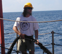 Researcher Sean Gulick works to set up experimental equipment in the Indian Ocean off Sumatra.