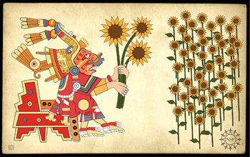 Aztec figure drawn on parchment holding sunflowers with sunflower field in the background