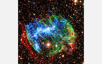 Composite image of supernova remnant W49B showing a barrel-shaped nebula.