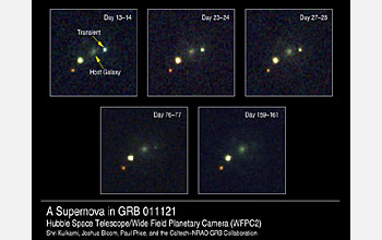 Series of Hubble Space Telescope images, labeled A Supernova in GRB 011121