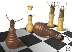 Metaphorical termite-like chess set showing succession to royalty by a pawn-termite of worker caste.