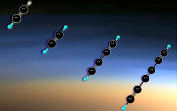 Ball-and-stick images of a radical ethynyl, acetylene, diacetylene and triacetylene molecule.