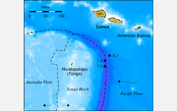Map showing the location of the three quakes near Samoa, American Samoa and Tonga.