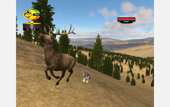 Computer screen capture of a wolf avatar attacking an elk.