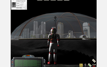 Computer screen capture of an avatar and a dome-topped virtual city on the moon's surface.