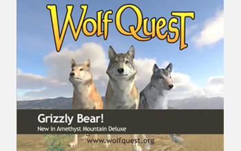 Screen capture of three wolf avators. Text: WolfQuest,Grizzly Bear!,New in Amethyst Mountain Deluxe