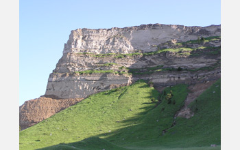 Photo of ancient volcanic ash beds exposed at Scotts Bluff in Nebraska.