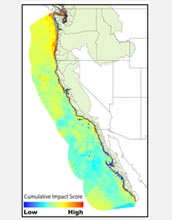 A map showing West Coast ocean areas most affected by humans.