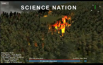 Image from a visualization of a wildfire on forest-covered mountain and title, Science Nation