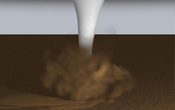 Numerically-simulated tornado moving left to right at 15 miles per second