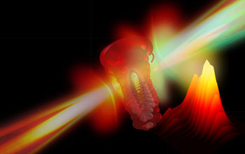 Illustration showing an electron being ripped from an atom by a strong laser field.