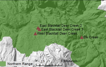 Map showing locations of the project's experimental sites on Yellowstone's northern range.