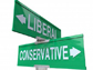 street sign pointing to liberal and conservative