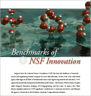 cover page for the Benchmarks of NSF Innovation, includes illustration of molecule chains above rippling water; link at right for cover page provides all text