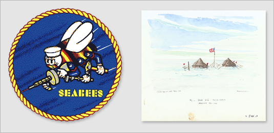 Left - U.S. Navy SeaBees logo | Right - 1956 painting showing two tents facing the South Pole