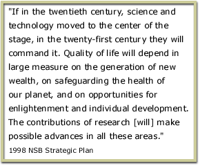 If in the twentieth century, science and technology moved to the center of the stage, in the twenty-first century they will command it. Quality of life will depend in large measure on the generation of new wealth, on safeguarding the health of our planet, and on opportunities for enlightenment and individual development. The contributions of research [will] make possible advances in all these areas. 1998 NSB Strategic Plan