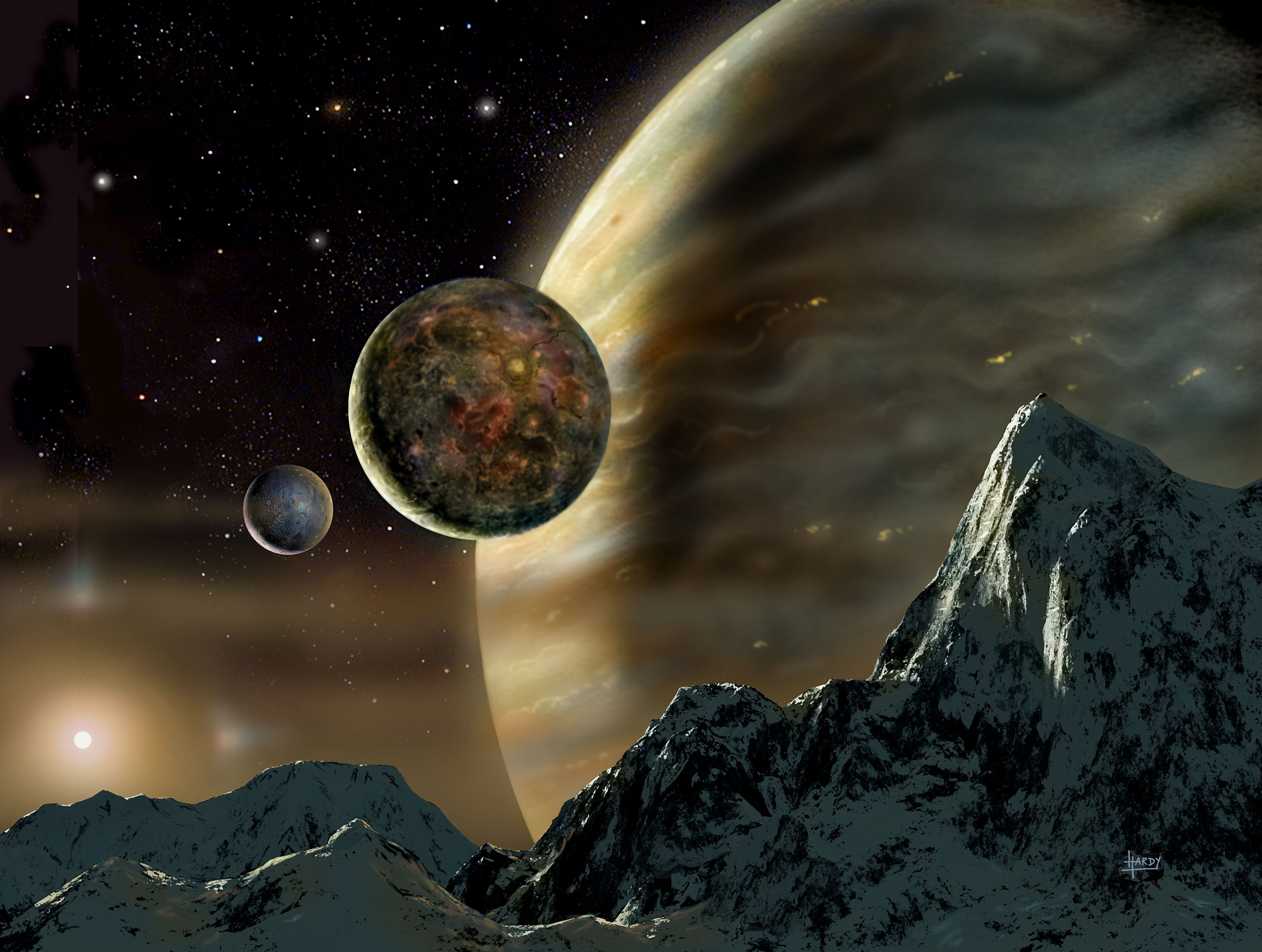 image of a possible scene from a moon orbiting the extra-solar planet