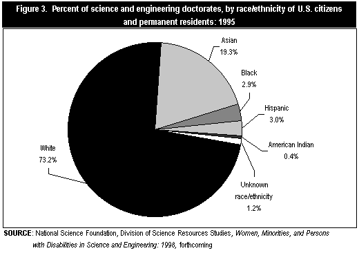 Figure 3. Percent of science and engineering doctorates, by race/ethnicity of U.S. citizens and permanent residents: 1995