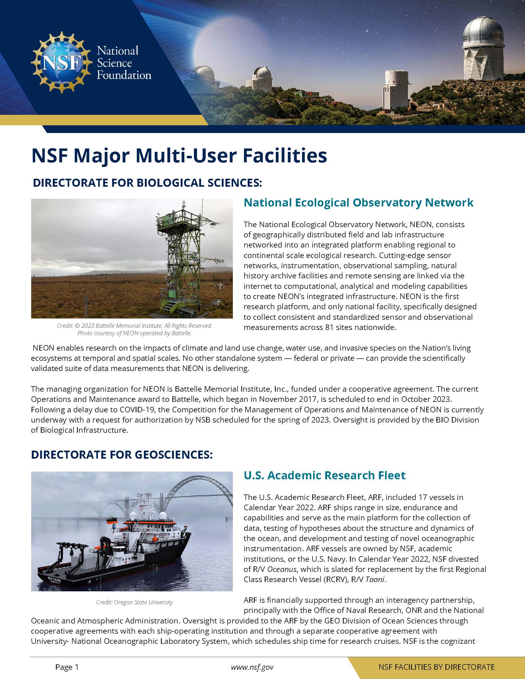 NSF Major Multi-User Facilities cover page
