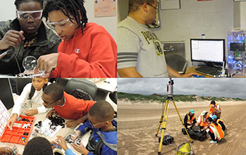 montage of 4 images of people engaged in science