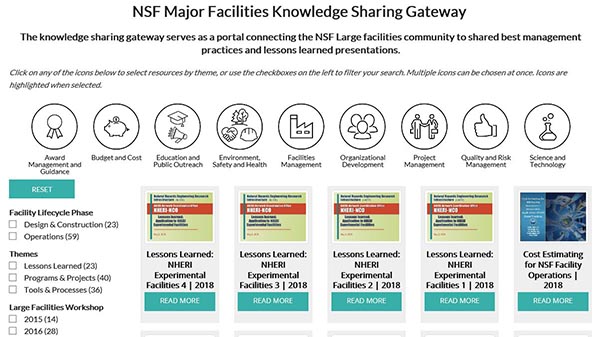 The knowledge sharing gateway serves as a portal connecting the NSF Large facilities community to shared best management practices and lessons learning presentations.