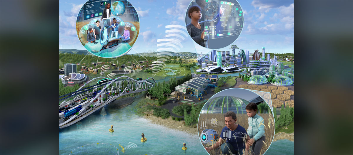 Illustration showing people working in city using theoretical technology