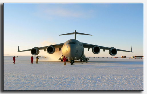 C-17 jet transport parked on the annual sea-ice runway near McMurdo Station.